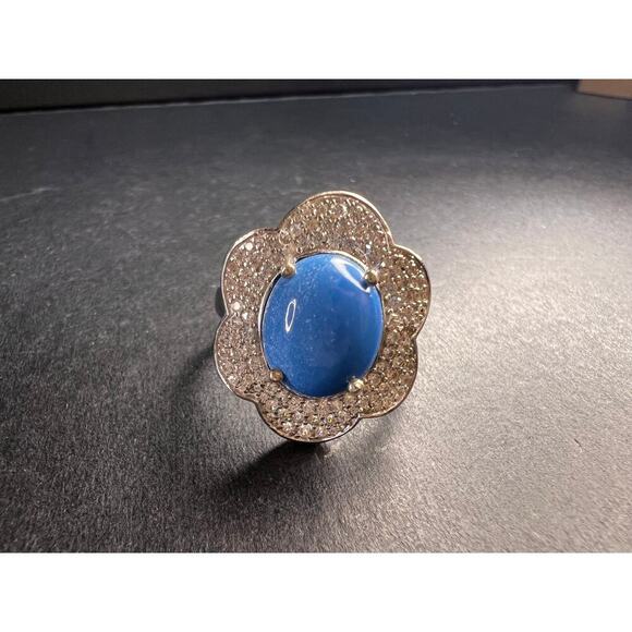 NEW Ceruleite and zircon blossom ring in rhodium over sterling silver size 8 - Picture 12 of 16